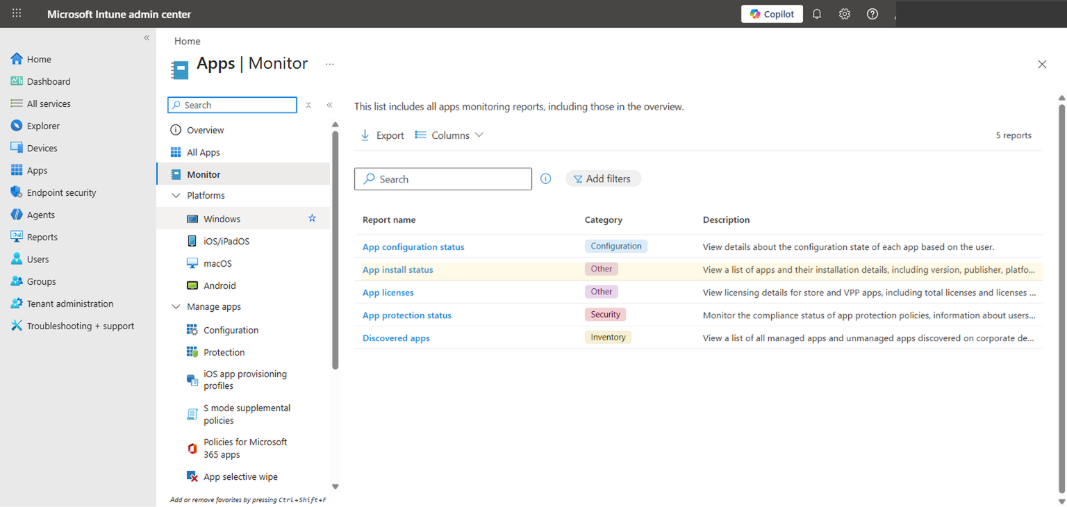 Apps > Monitor view showing five report categories with App install status highlighted