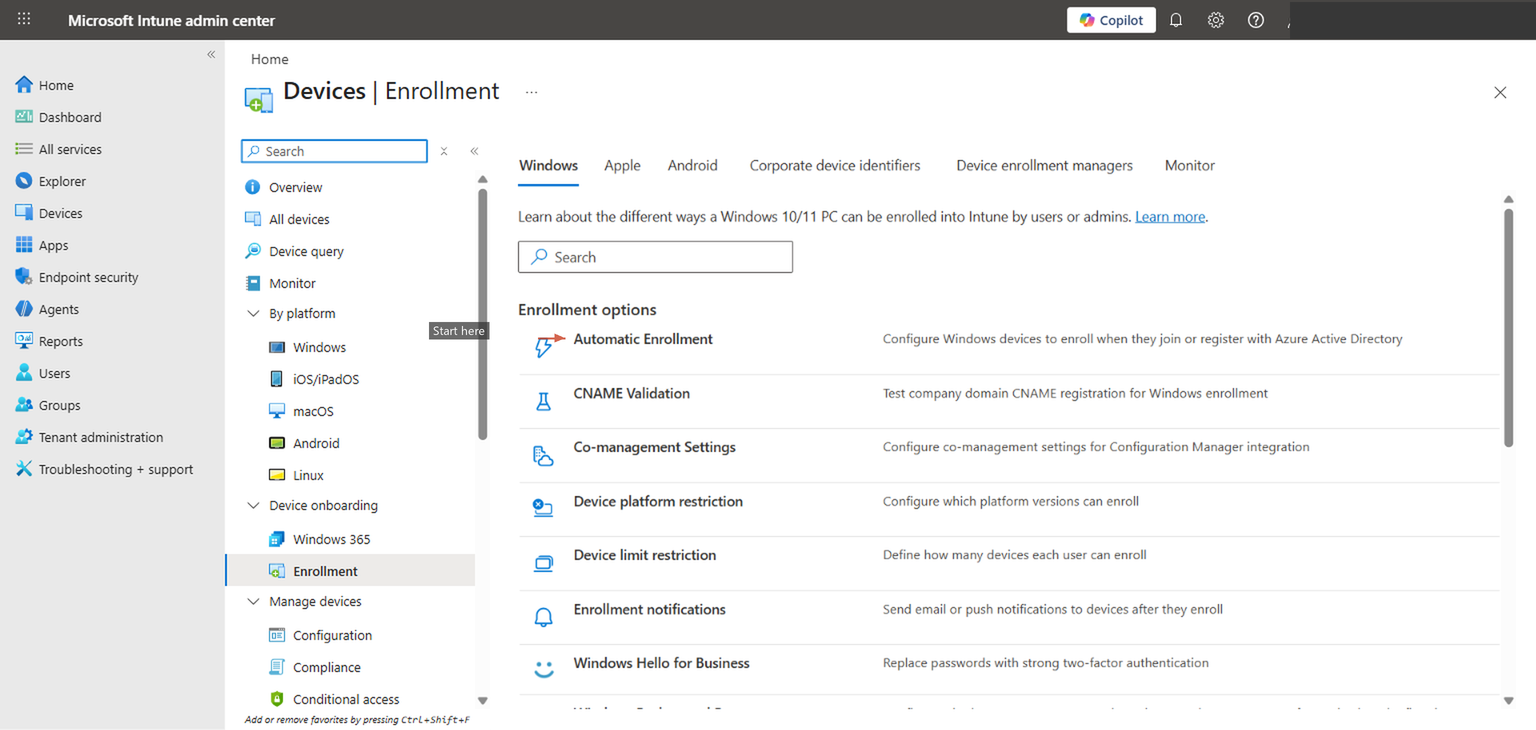 Devices Enrollment Windows tab showing enrollment options and Windows Autopilot section