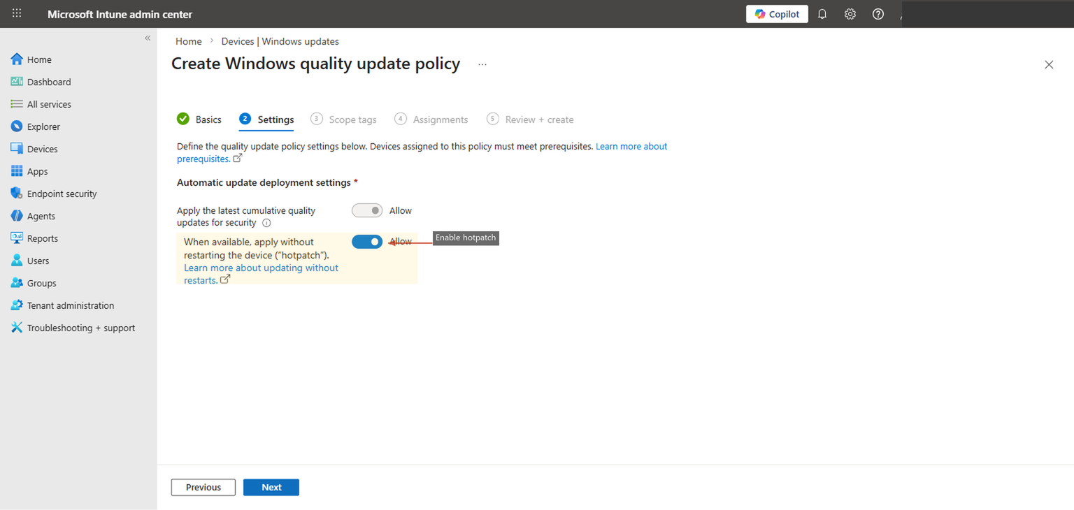 Policy settings page showing the hotpatch toggle enabled
