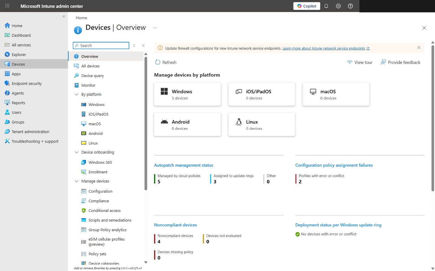 Intune Devices Overview showing managed Windows devices by platform