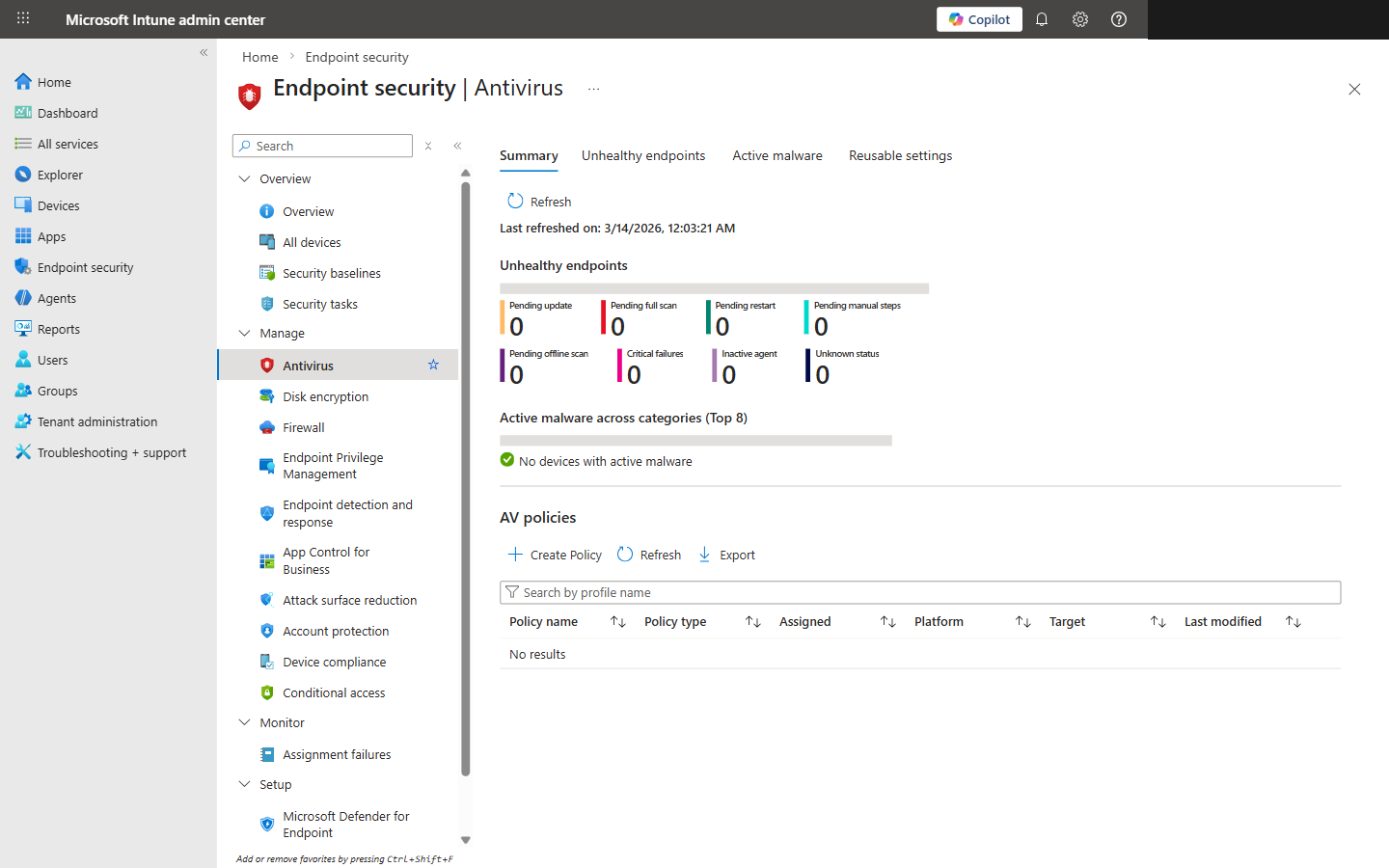 Endpoint Security Antivirus blade showing unhealthy endpoint status and AV policies